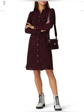 Thakoon Crinkle Button Front Shirt Dress Burgundy Plaid Long Sleeve Midi Dress